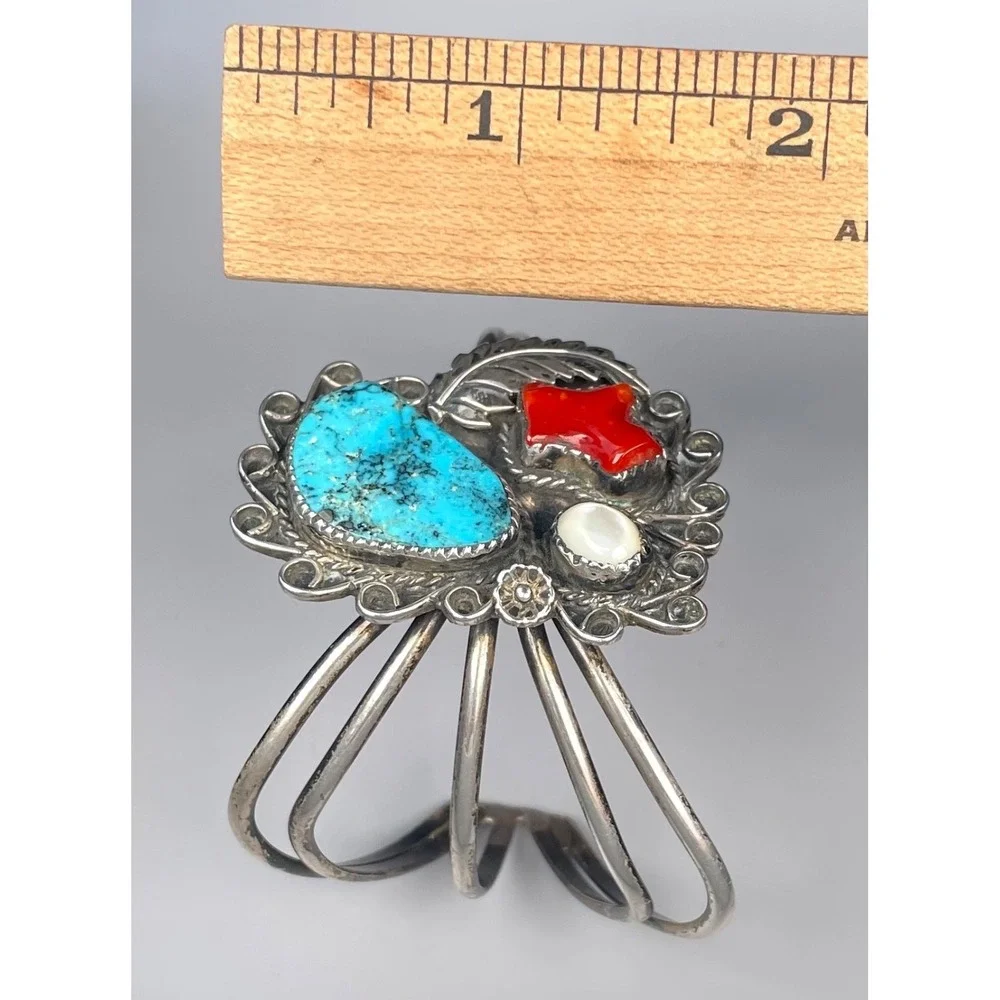 Navajo Sterling Silver Turquoise Coral Shell Cuff Bracelet Handmade 37.35g